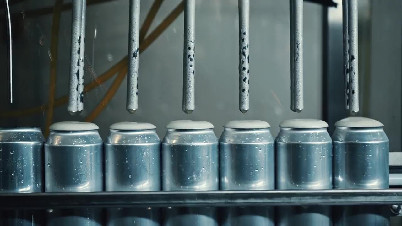 A row of aluminium cans under the filler heads of a canning line, foam rising as they fill